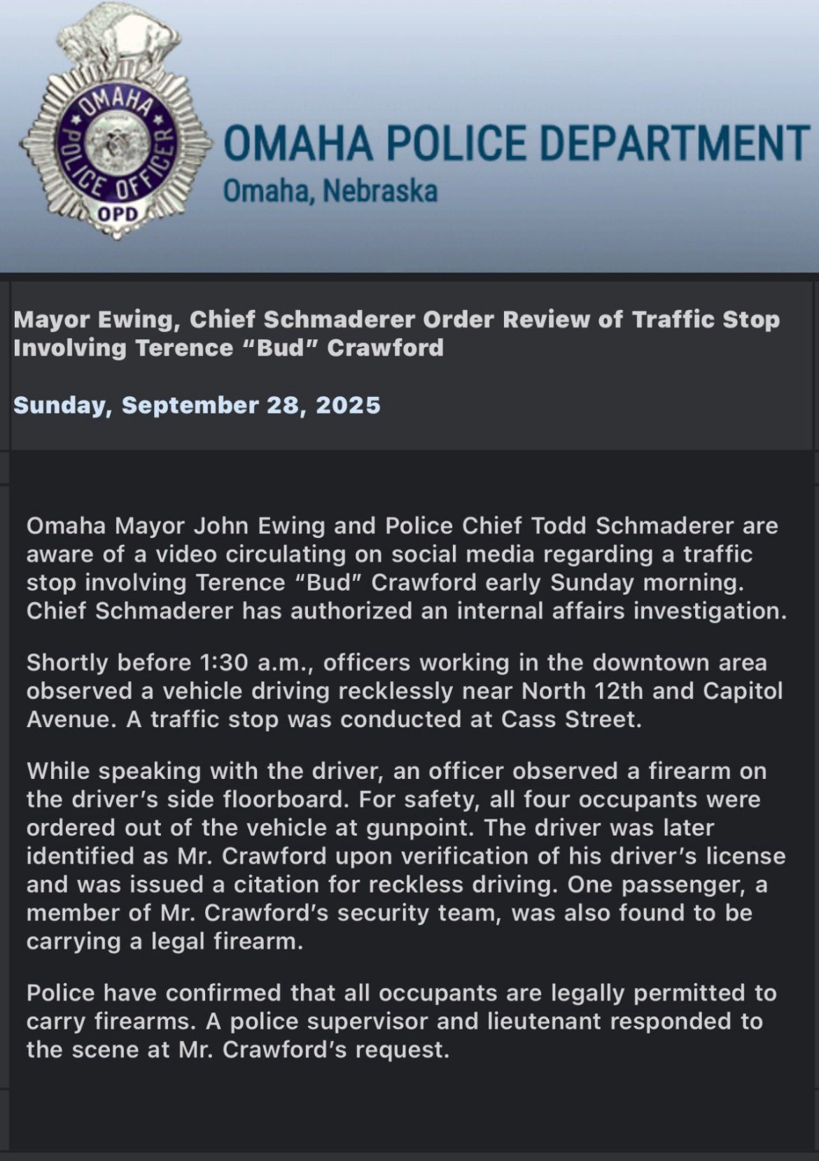 La policía de Omaha apuntó a Crawford tras el desfile del campeón La policía de Omaha apuntó a Crawford tras el desfile del campeón